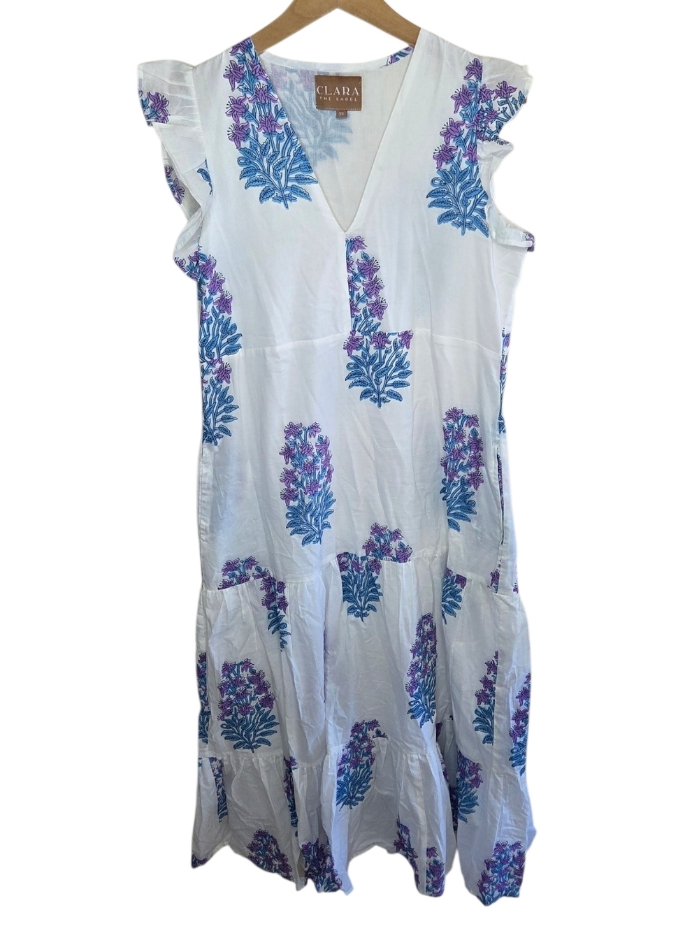 Clara The Label White Blue Purple Block Print Floral V-neck Midi Dress Size XS